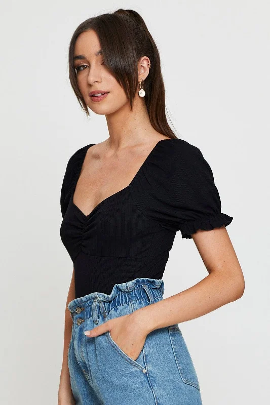 Black Ruched Bodysuit Puff Sleeve