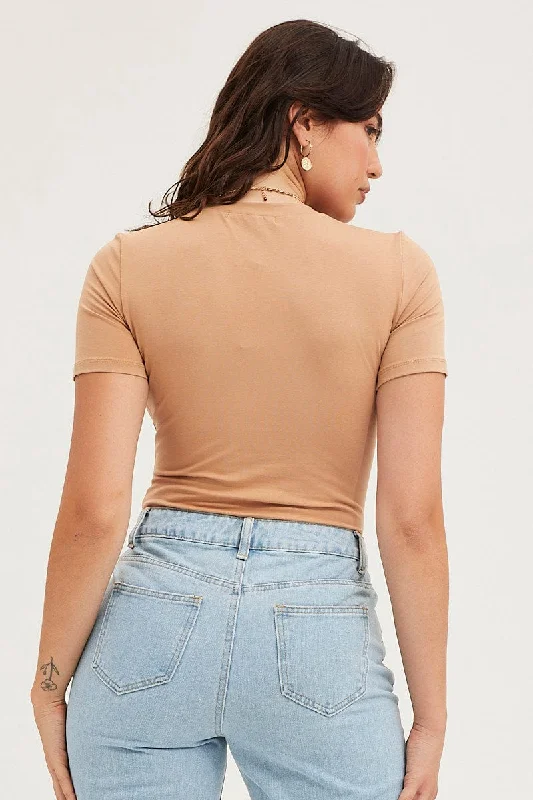 Brown Bodysuit Short Sleeve Crew Neck