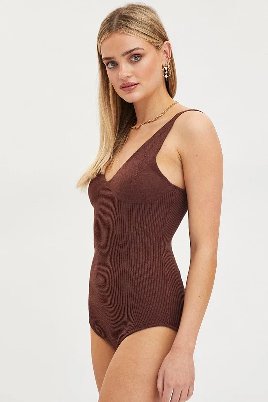 Brown Knit Top Sleeveless V-Neck Bodysuit