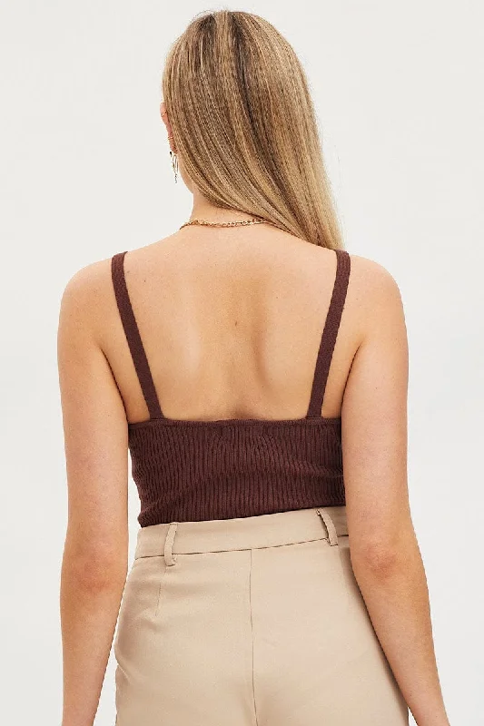 Brown Knit Top Sleeveless V-Neck Bodysuit