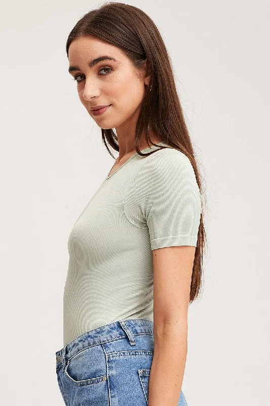 Green Bodysuit Short Sleeve Crew Neck Seamless