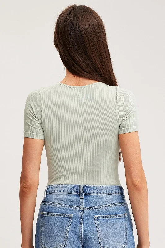 Green Bodysuit Short Sleeve Crew Neck Seamless