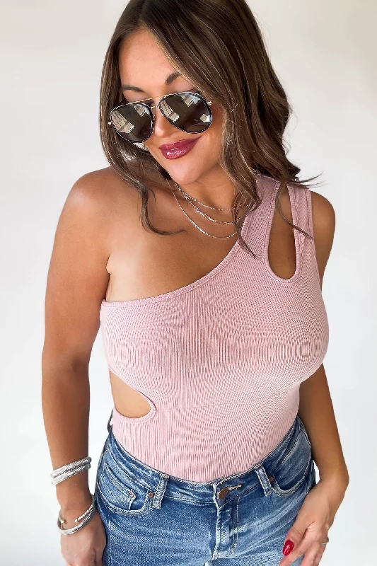 Mable Pink One Shoulder Ribbed Cut Out Detail Body Suit