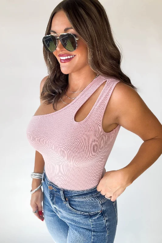 Mable Pink One Shoulder Ribbed Cut Out Detail Body Suit