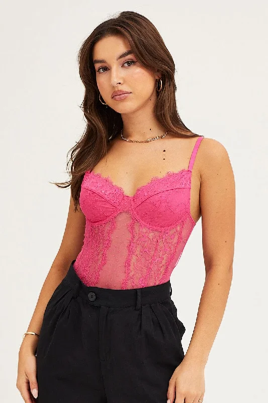 Pink Bodysuit Sleeveless Sweetheart Lace