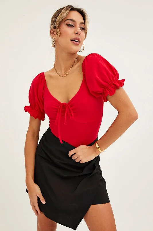 Red Bodysuit Short Sleeve Sweetheart Neckline Jersey