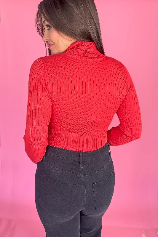 Ribbed Red Long Sleeve Bodysuit