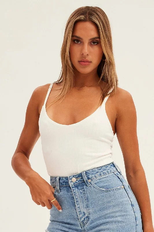 White Rib V Neck Strappy Bodysuit