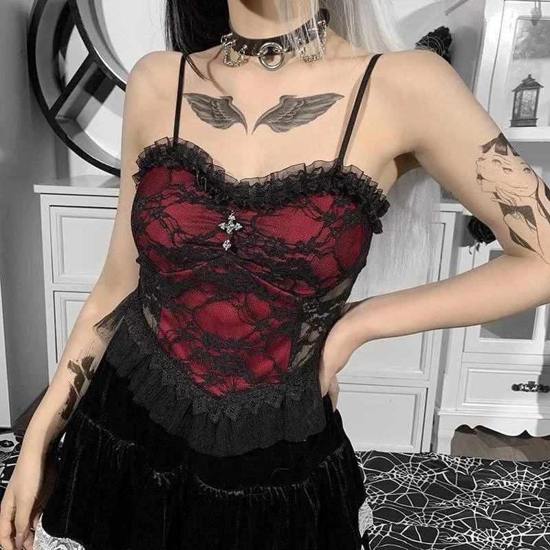 Women's Gothic Floral Lace Splice Sheer Tank Top