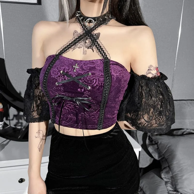 Women's Gothic Halterneck Lace Sleeved Velet Bustier