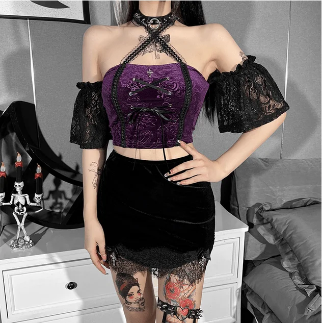 Women's Gothic Halterneck Lace Sleeved Velet Bustier